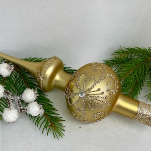 Small glod  vintage Christmas glass tree topper 8 inches, tree topper antique Christmas finial ornament, best glass topper top XMAS 2024