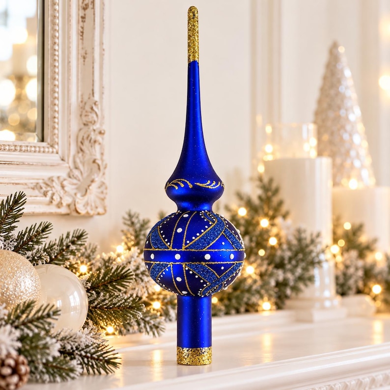 Royal Blue & Gold Geometric Glass Tree Topper – Hand-painted Christmas ...
