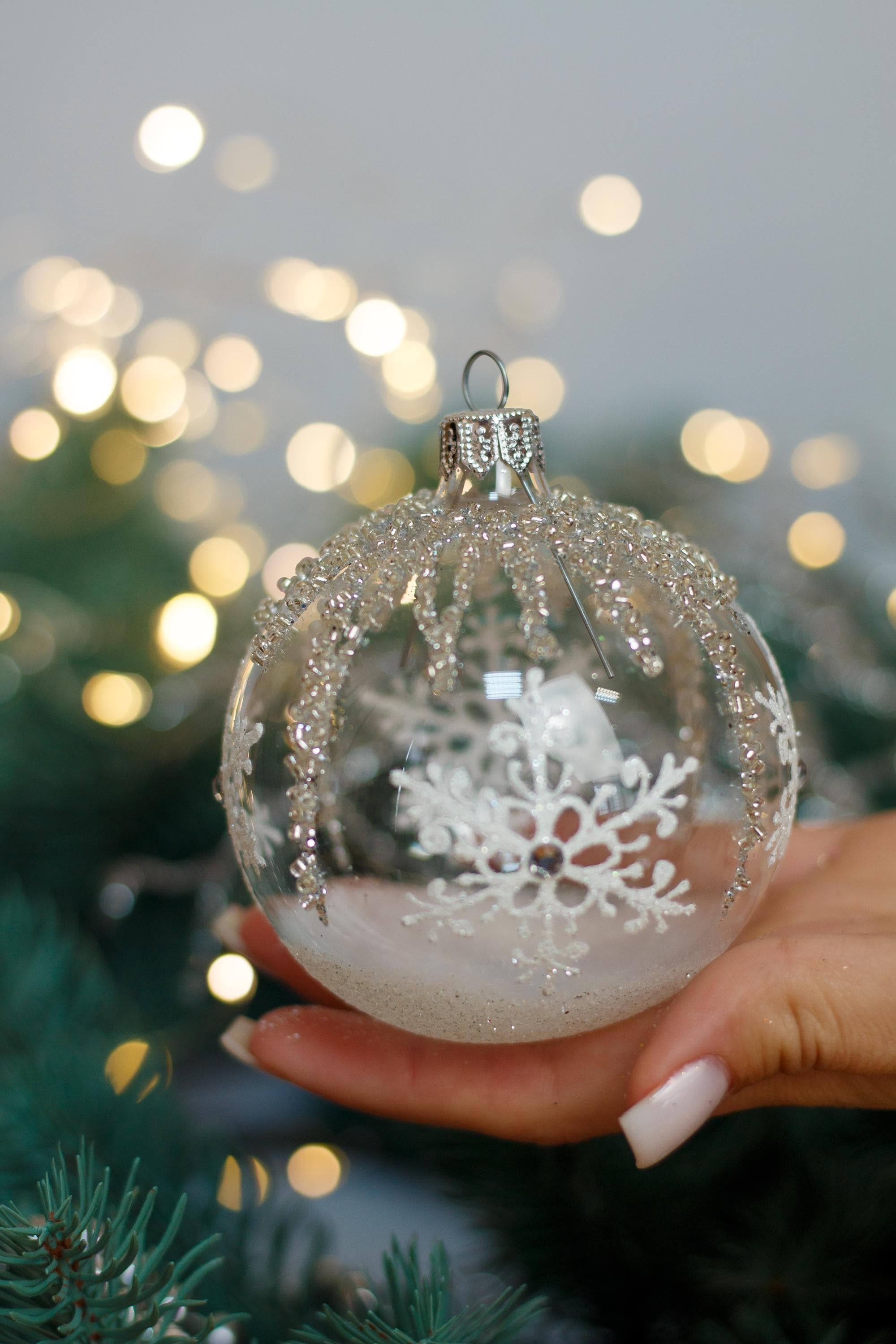 White With Snowflakes Christmas Glass Ball,glitter Xmas Ornaments ...