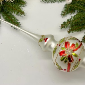 Big white Vintage Christmas glass tree topper 12 inches, tree topper antique Christmas ornaments, handmade XMAS glass finial, glitted topper