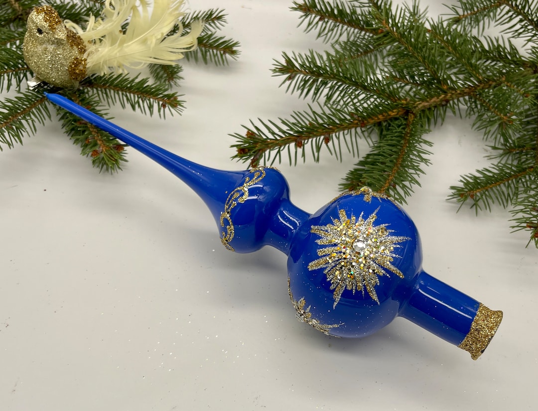 Blue Vintage Christmas Glass Tree Topper 12 Inches, Stained Glass Tree