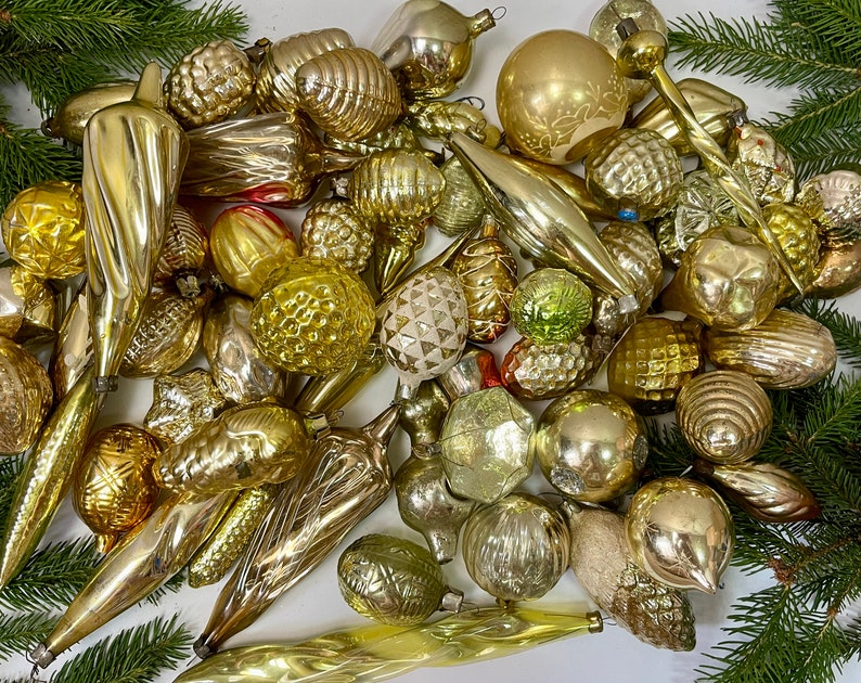 50 gold christmas glass ornaments antique Xmas Home Decor Gold, 1950s christmas decoration, vintage shiny Christmas, retro boha glass decor