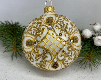 White with gold Christmas glass Ball, Glitter Xmas Ornament,Blown Christmas ball,best Christmas gift 2023, Handmade Paited XMAS glass Bauble