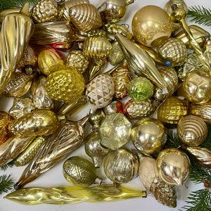 Vintage Christmas 100 gold christmas glass ornaments antique Xmas Home Decor Gold, 1950s christmas decoration, retro boha glass decor