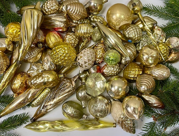 Christmas decor 100 gold christmas glass ornaments antique Xmas Home vintage Decor Gold, 1950s christmas decoration, retro boha glass decor