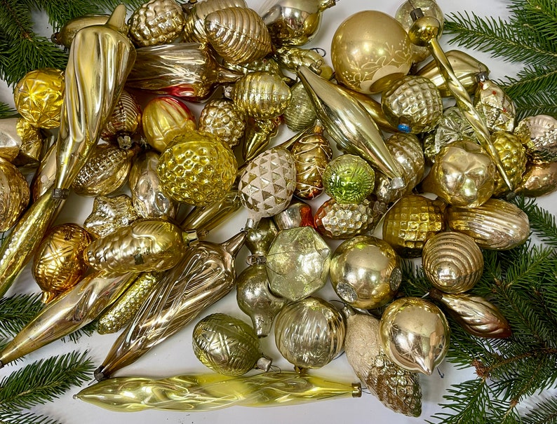 Vintage Christmas 100 gold christmas glass ornaments antique Xmas Home Decor Gold, 1950s christmas decoration, retro boha glass decor