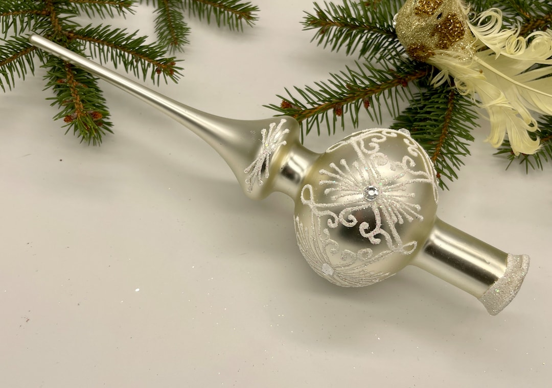 White Vintage Christmas Glass Tree Topper 12 Inches, Stained Glass Tree