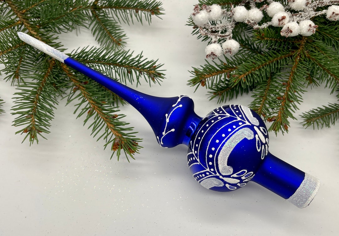 Blue Vintage Christmas Glass Tree Topper 12 Inches, Stained Glass Tree