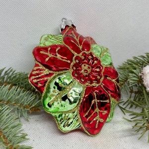 Flowers Christmas glass ornament, Mouth blown handmade glass ornaments, crafted Christmas tree glass decorations, XMAS 2025