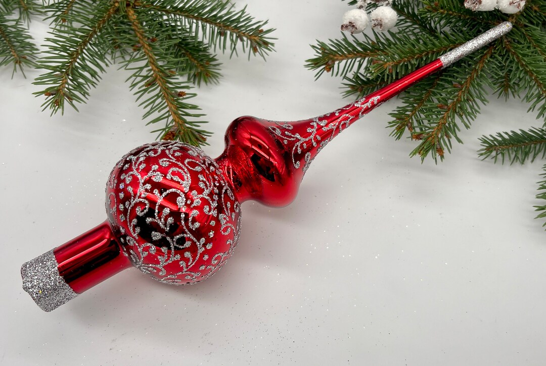 Vintage Red Christmas Glass Tree Topper 12 Inches, Stained Glass Tree