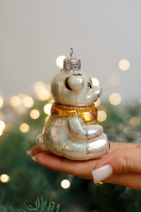 Teddy Bear Christmas Glass Ornament, Mouth Blown Handmade Glass