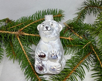 クマのクリスマスガラスオーナメント、吹きガラスのクリスマス、手描き