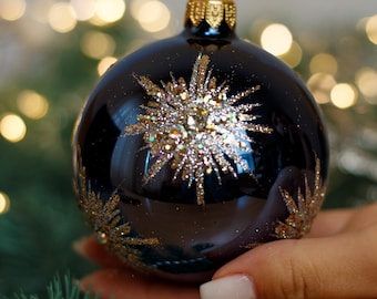 Blau mit Sternen Weihnachtsglaskugel, Glitzer-Weihnachtsornamente, Mundgeblasener Weihnachtsdekor, Handgemachte Bemalte Weihnachtskugeln aus Glas, Geschenk 2025