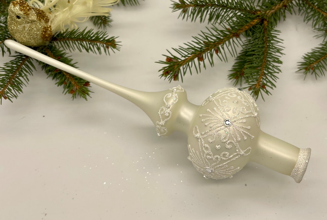 White Vintage Christmas Glass Tree Topper 12 Inches, Stained Glass Tree