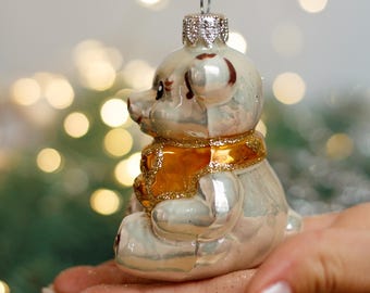 Teddy Bear Christmas Glass Ornament, Mouth Blown Handmade Glass