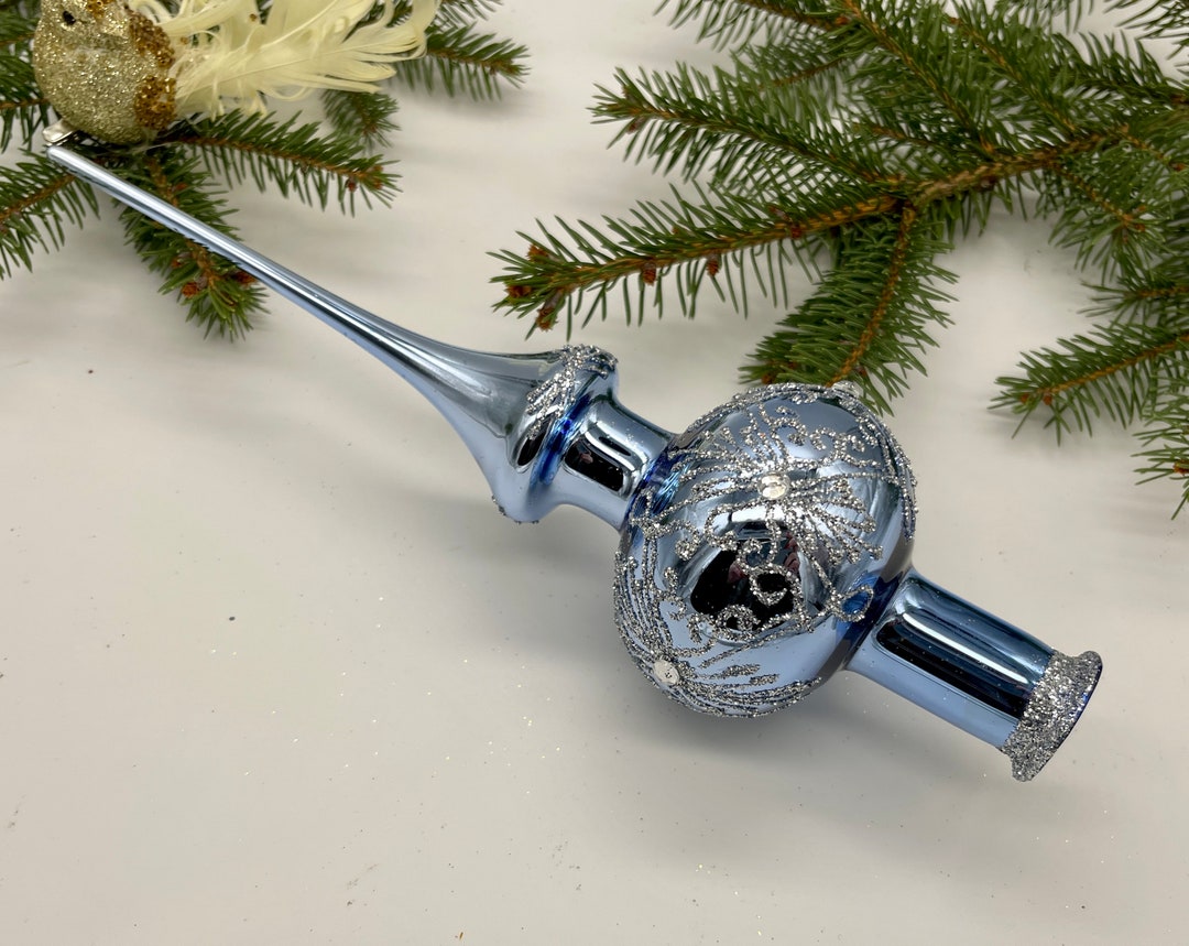 Blue Vintage Christmas Glass Tree Topper 12 Inches, Stained Glass Tree