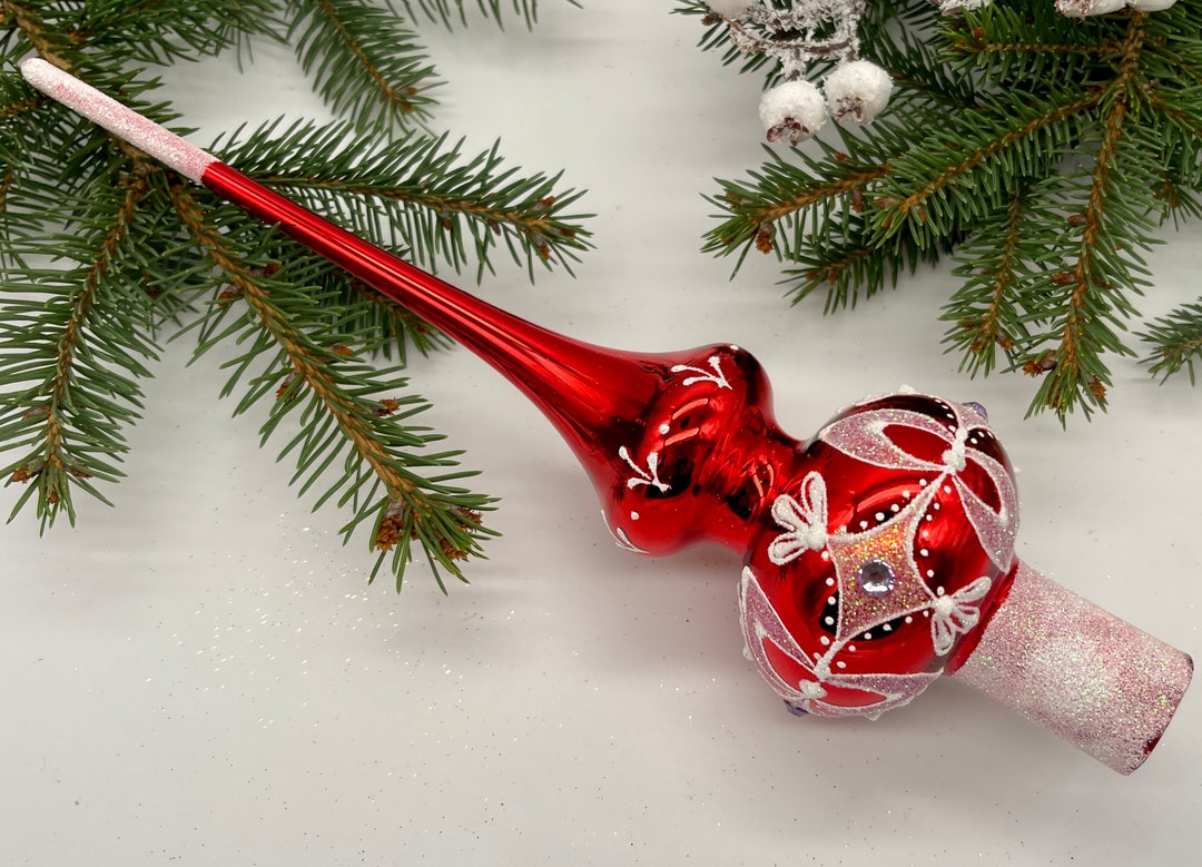 Vintage Red Christmas Glass Tree Topper 12 Inches, Stained Glass Tree