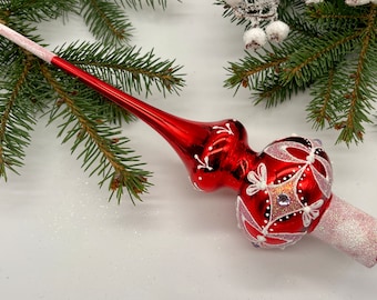 Vintage red Christmas glass tree topper 9  inches, stained glass tree topper antique Christmas ornaments ornament tree topper top