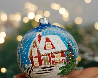 ブルーのクリスマスガラスボールオーナメント、手描きのクリスマス
