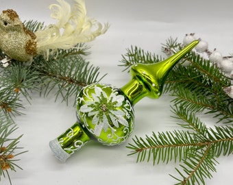 Small green vintage Christmas glass tree topper 8 inches, tree topper antique Christmas finial ornament, best glass topper top