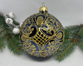 ブルーのクリスマスガラスボールオーナメント、手描きのクリスマス