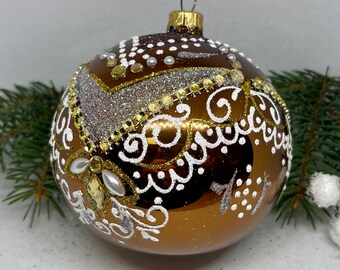 大きな4インチの茶色のクリスマスガラスボール、キラキラ輝く