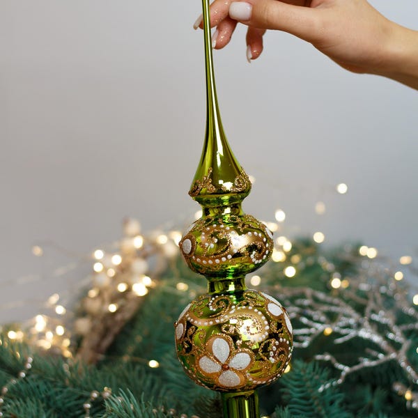 Big green Christmas glass tree topper 14 inches, tree topper antique Christmas ornaments ornament tree finial topper top, XMAS 2025