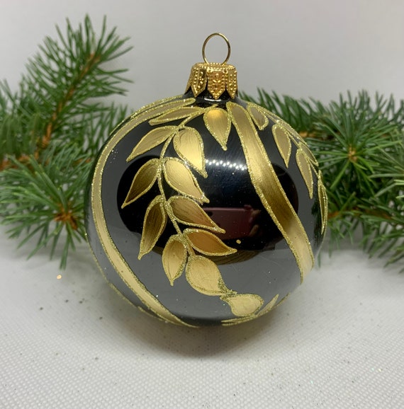 Black Christmas Glass Ball With Gold Branch, Glitter Xmas