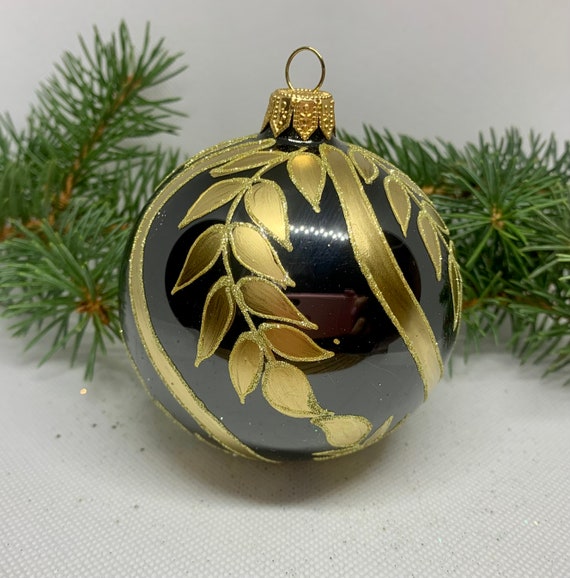 Black Christmas Glass Ball With Gold Branch, Glitter Xmas Ornaments, Blown  Glass Christmas Ball,handmade Paited Christmas Glass Bauble 