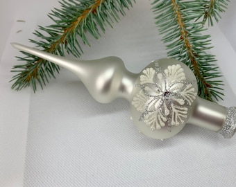 Small white Christmas glass tree topper 8 inches, vintage XMAS tree topper, Finial decorations, mercury glass Christmas ornament  top