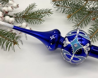 Décoration de sapin de Noël vintage en verre bleu de 25 cm (10 pouces), ornement de sapin antique