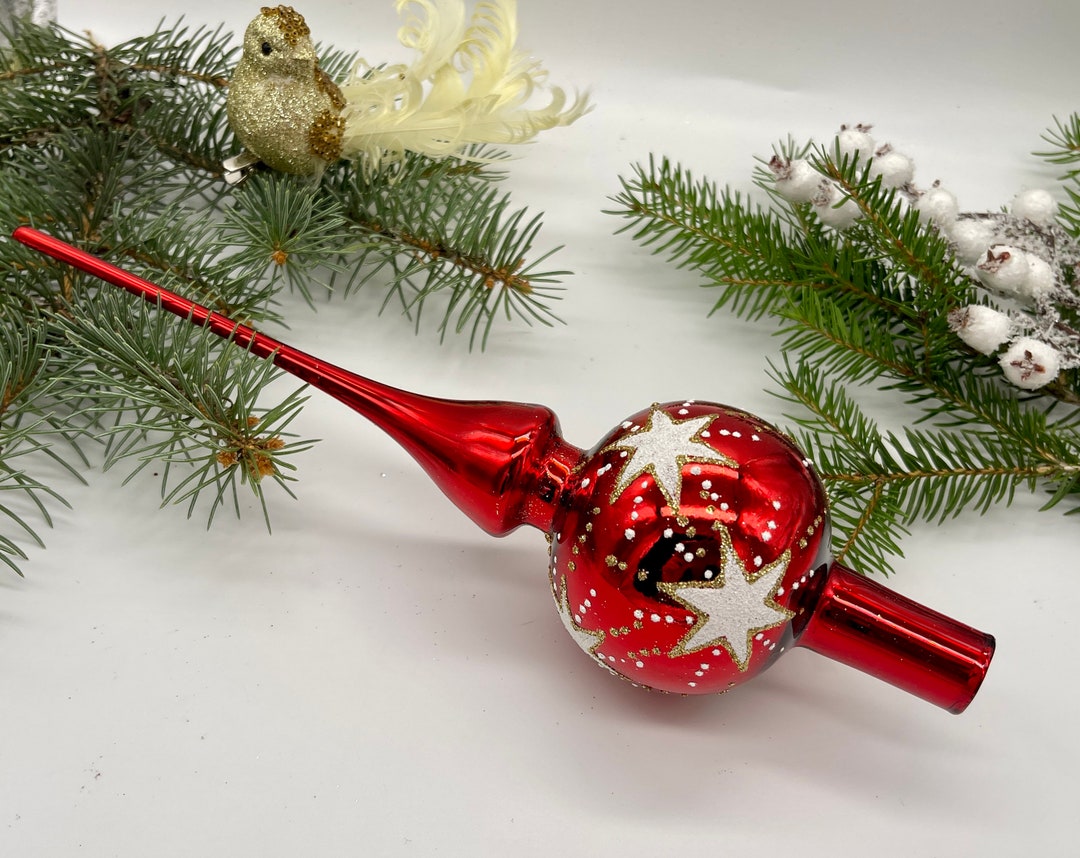 Vintage Red Christmas Glass Tree Topper 9 Inches, Tree Topper Antique