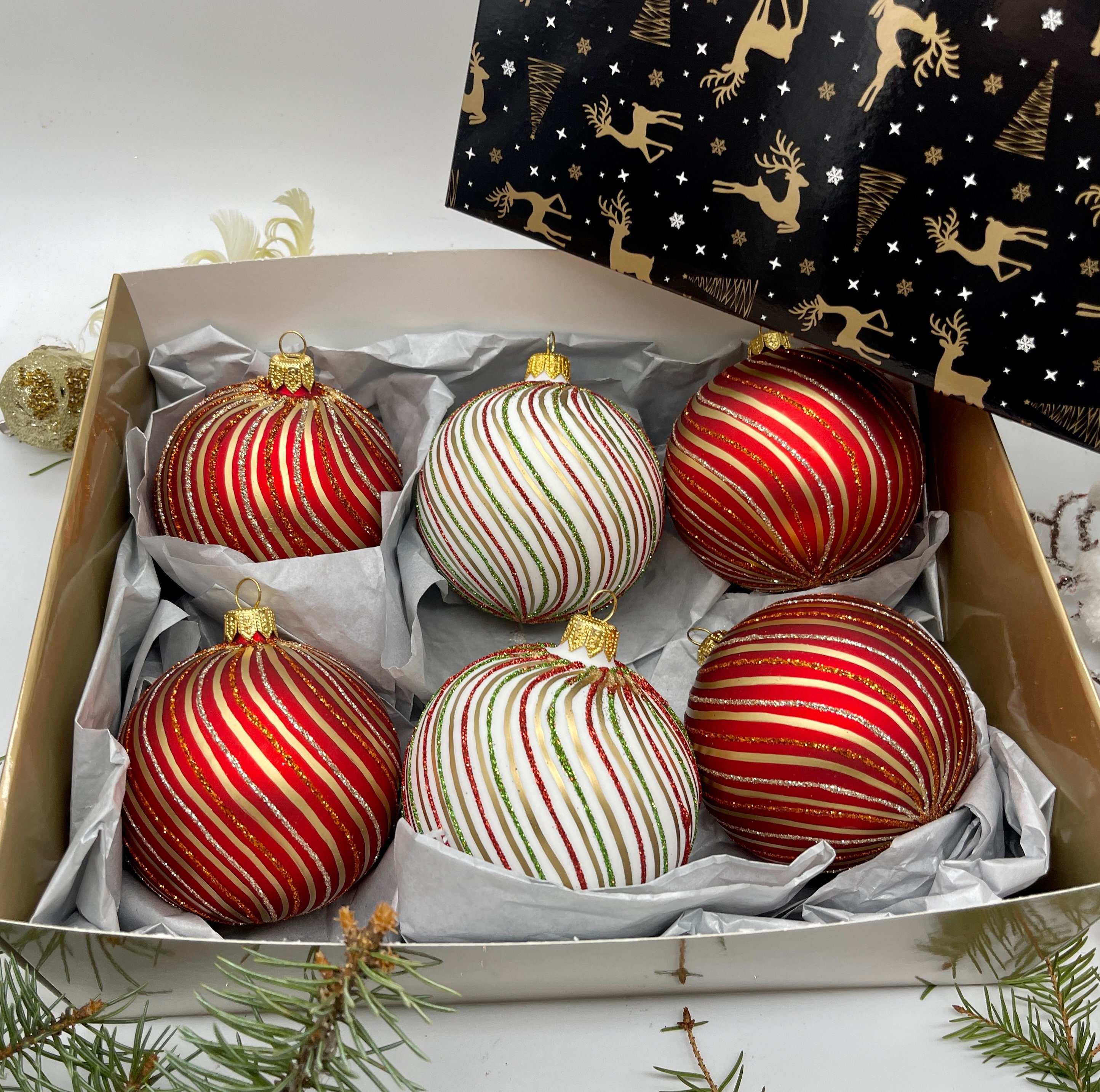 クリスマスセット 6個のガラスボールとギフトボックス付き、ガラス製の