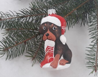 Könnte beinhalten: Weihnachtsschmuck in Form eines braunen und hellbraunen Welpen, der einen Weihnachtsmannhut trägt und einen roten Strumpf hält. Der Schmuck hängt an einer silbernen Metallschlaufe vor dem Hintergrund von Tannenzweigen.