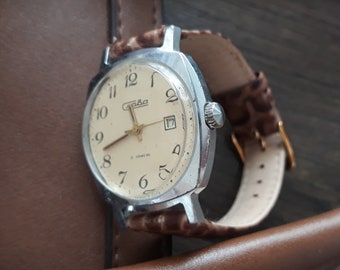 Vintage Slava Mechanical Watch for Men | Retro Wristwatch | Classic Leather Strap | Montre Homme | Manual Wind | Gift for Him