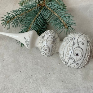 Big white Vintage Christmas glass tree topper 12 inches, tree topper antique Christmas ornaments, handmade XMAS glass finial, glitted topper