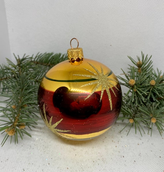 Gold With Red Christmas Glass Ball Glitter Xmas Ornaments Blown