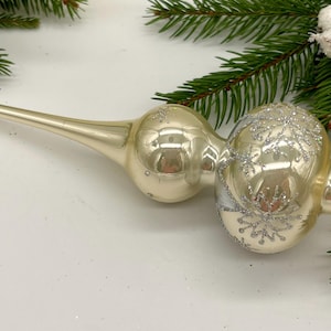 Small beige with silver vintage Christmas glass tree topper 8 inches, tree topper antique Christmas finial ornament, best glass topper top