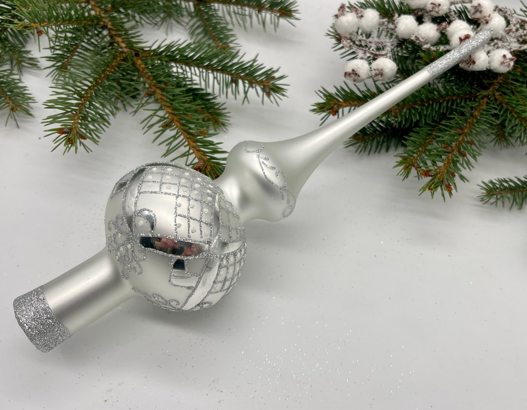 White Vintage Christmas Glass Tree Topper 12 Inches, Stained Glass Tree