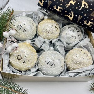 Silver and beigeChristmas set of 6 glass balls with gifted box, Christmas gift ,Handmade Paited Christmas glass Baubles, XMAS 2025