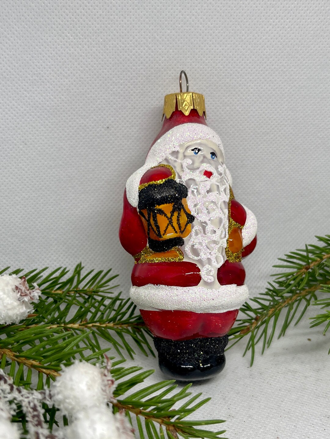 サンタのクリスマスガラスオーナメント、吹きガラスの手作り