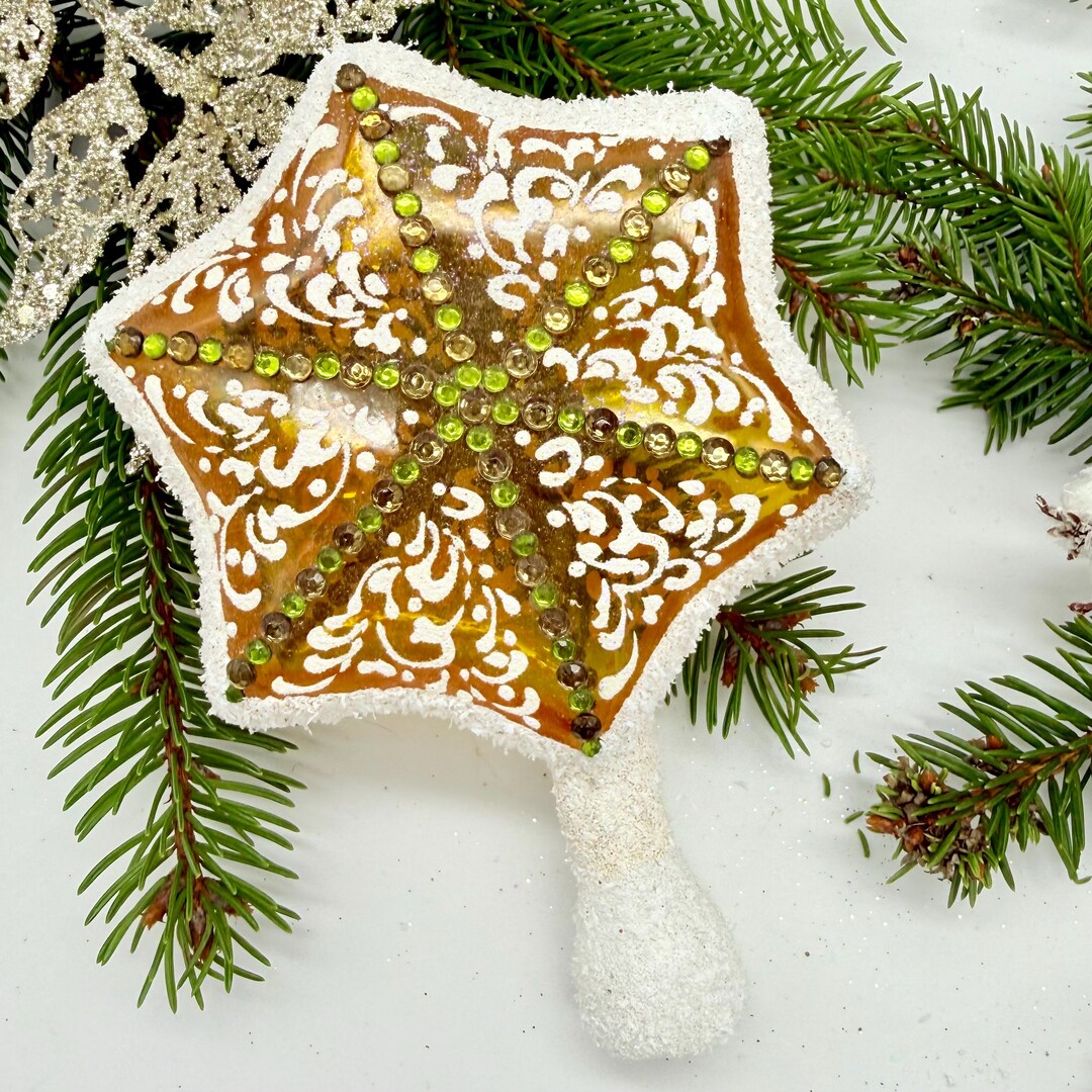 Gold Vintage Christmas Glass Star Tree Topper 6'', Stained Glass Tree ...