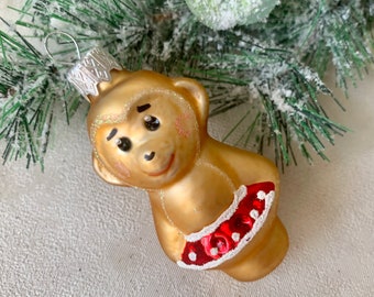 猿のクリスマスガラスオーナメント、口吹き手描きガラスの置物