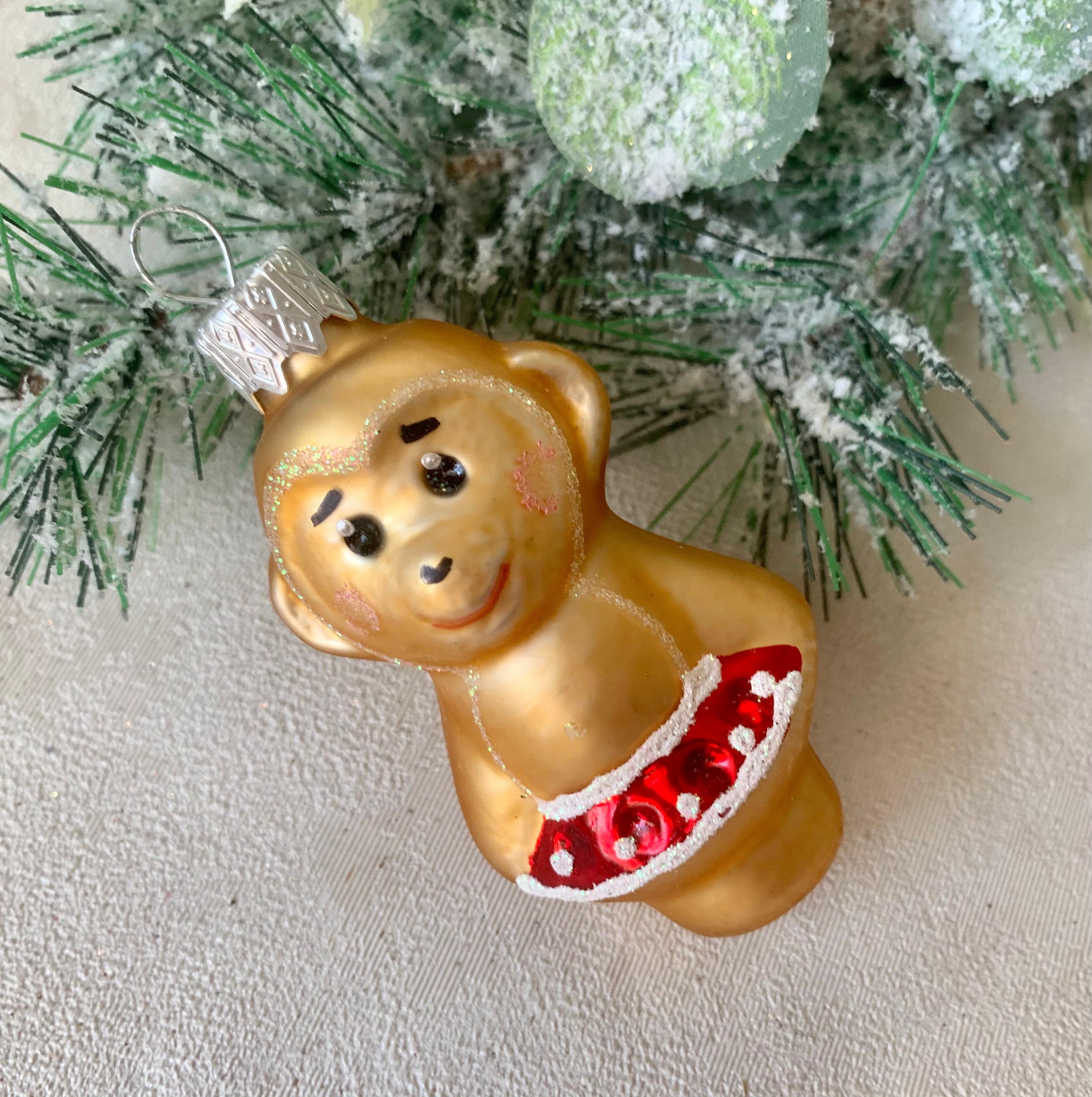 猿のクリスマスガラスオーナメント、口吹き手描きガラスの置物