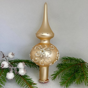 Small beige vintage Christmas glass tree topper 8 inches, tree topper antique Christmas finial ornament, best glass topper top