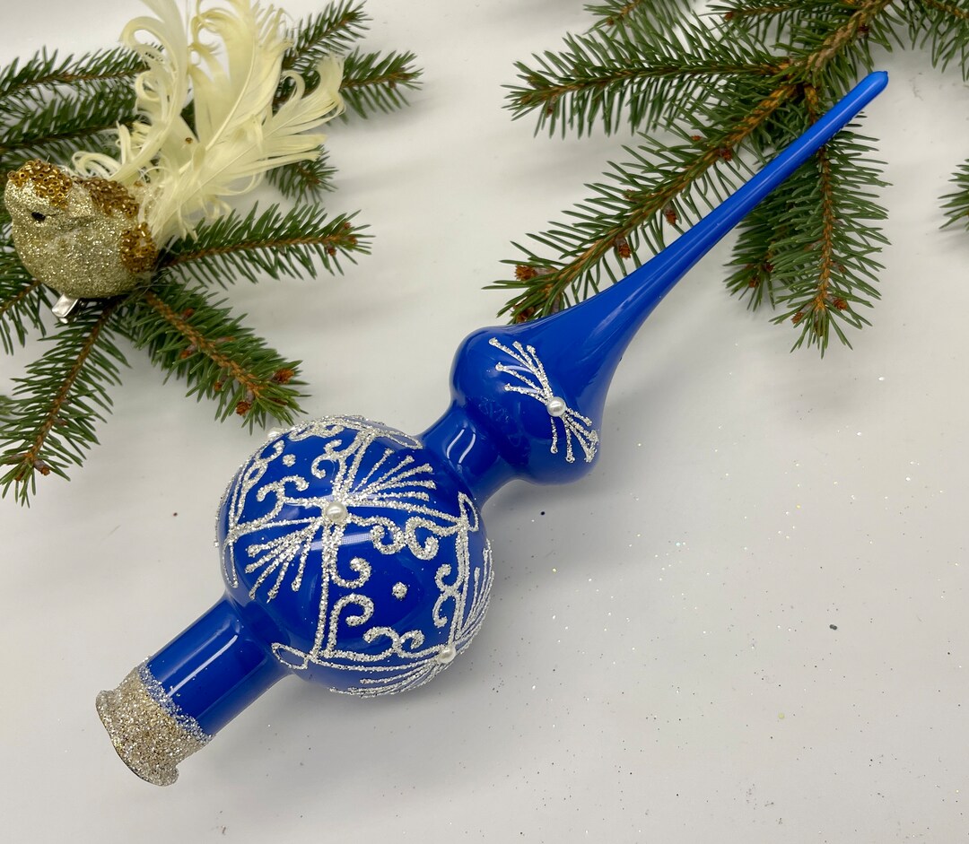 Blue Vintage Christmas Glass Tree Topper 12 Inches, Stained Glass Tree