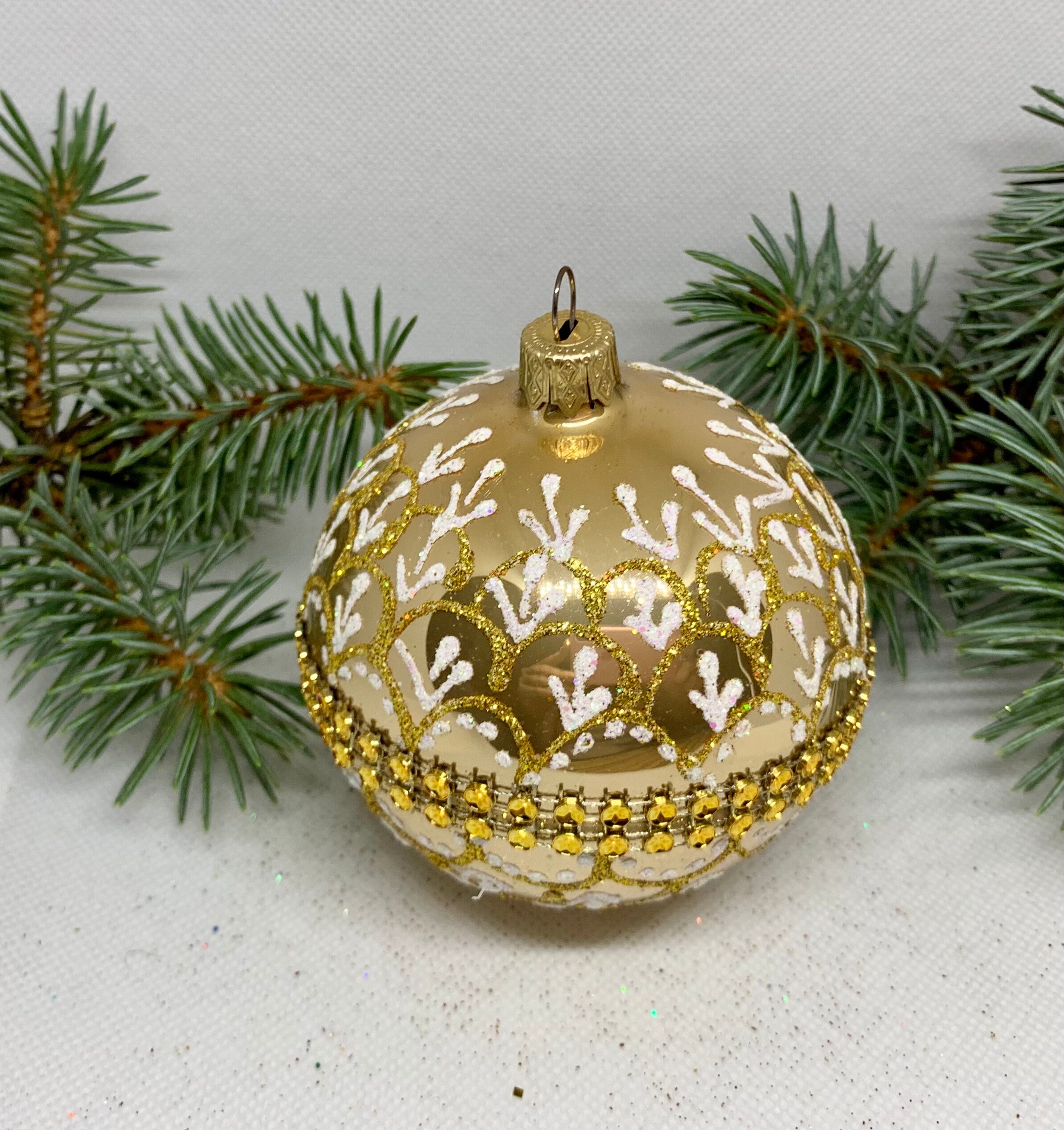 Crisscross Design, Multi-colored, Christmas Ball Ornament, Handblown Glass,  14 K Gold Trim 