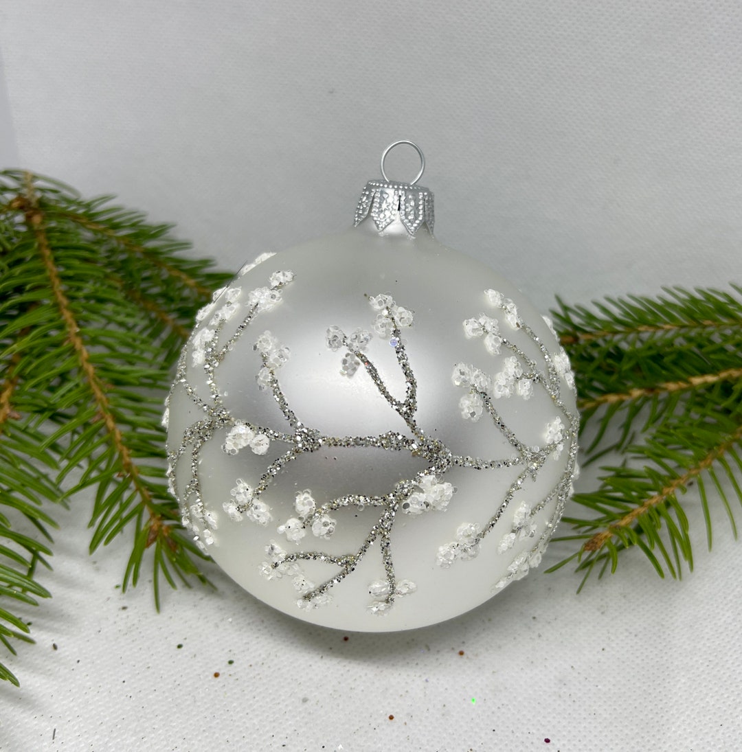 White Christmas Glass Ball With Silver Branches,glitter Xmas Ornaments