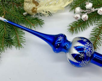 Blau mit silber Christbaumspitze Glas 23cm, Christbaumspitze Vintage, Christbaumspitze Weihnachten, Christbaumspitze Weihnachten
