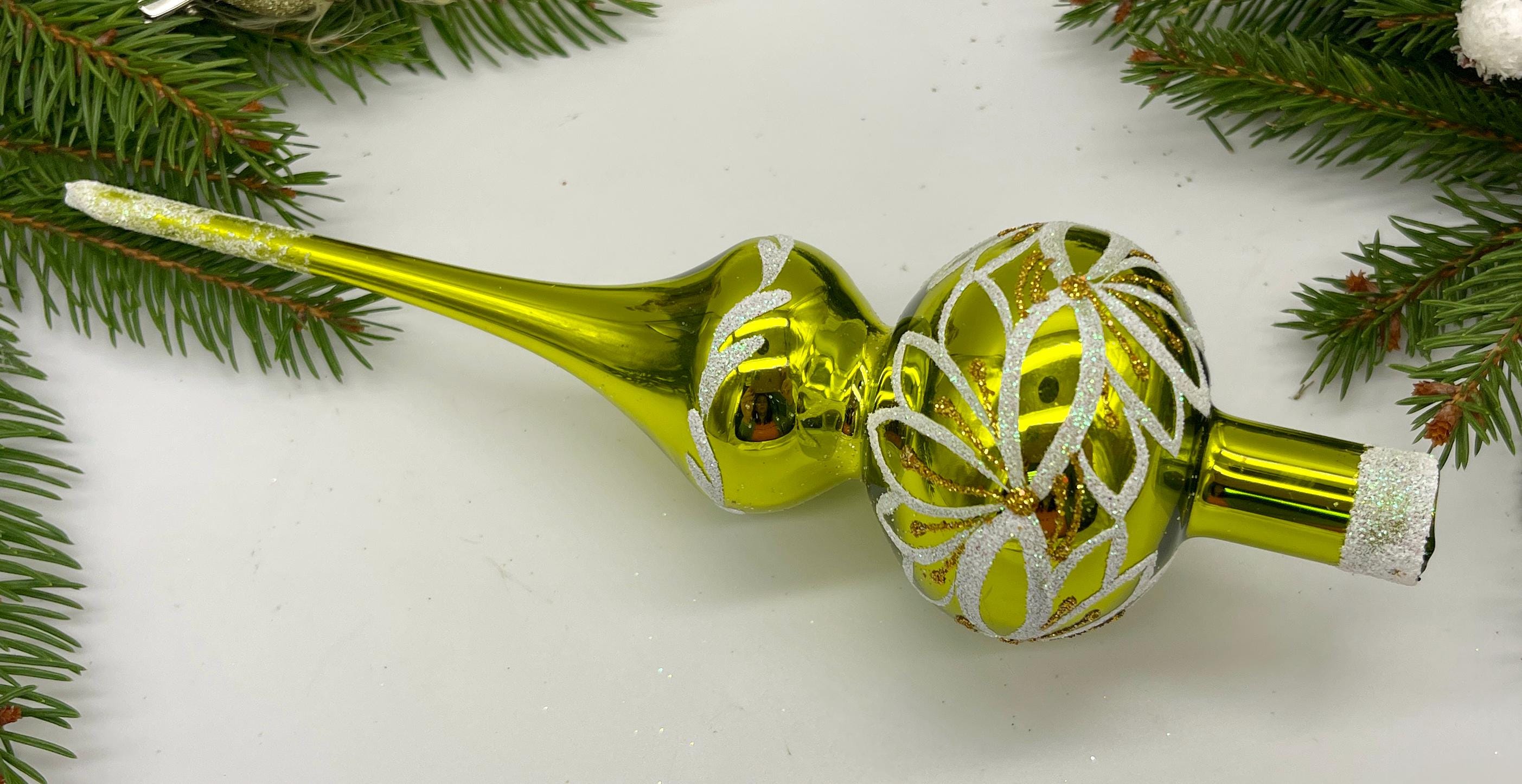 Small green with white vintage Christmas glass tree topper 8 inches, tree topper antique Christmas finial ornament, best glass topper top